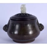 A 19TH CENTURY CHINESE BRONZE CENSER Qing, with jade and hardwood lid. 15 cm wide, internal width 9