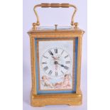 A GOOD 19TH CENTURY FRENCH SEVRES PORCELAIN REPEATING CARRIAGE CLOCK painted with putti within lands