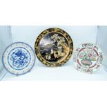 A Chinese Lacquered dish together with a Chinese Blue and white dragon plate and another 34cm .(3)