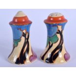 A PAIR OF ART DECO CLARICE CLIFF FANTASQUE CONDIMENTS. 8.5 cm high.