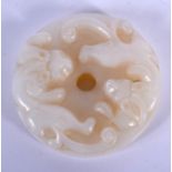 A CHINESE CARVED CHILONG WHITE JADE BI DISC 20th Century. 5 cm diameter.