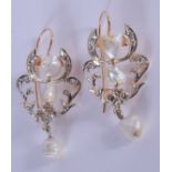 A PAIR OF 14CT GOLD BAROQUE PEARL AND DIAMOND EARRINGS. 4 cm x 2 cm. 10 grams.