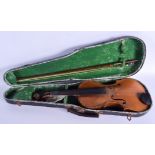 A TWO PIECE BACK VIOLIN with bow. 57 cm long. (2)