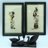 Two African Butterfly pictures and a horn sculpture of ducks 12 x 20.5 cm(3) .