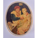 AN EARLY 18TH CENTURY IVORY PAINTED EROTIC BOX AND COVER with internal pique work decoration. 12 cm