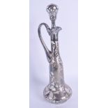 AN ART NOUVEAU SILVER OVERLAID GLASS DECANTER AND STOPPER. 28 cm high.
