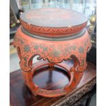A 19TH CENTURY CHINESE CARVED RED LACQUER DRUM FORM STOOL Qing. 46 cm x 36 cm.