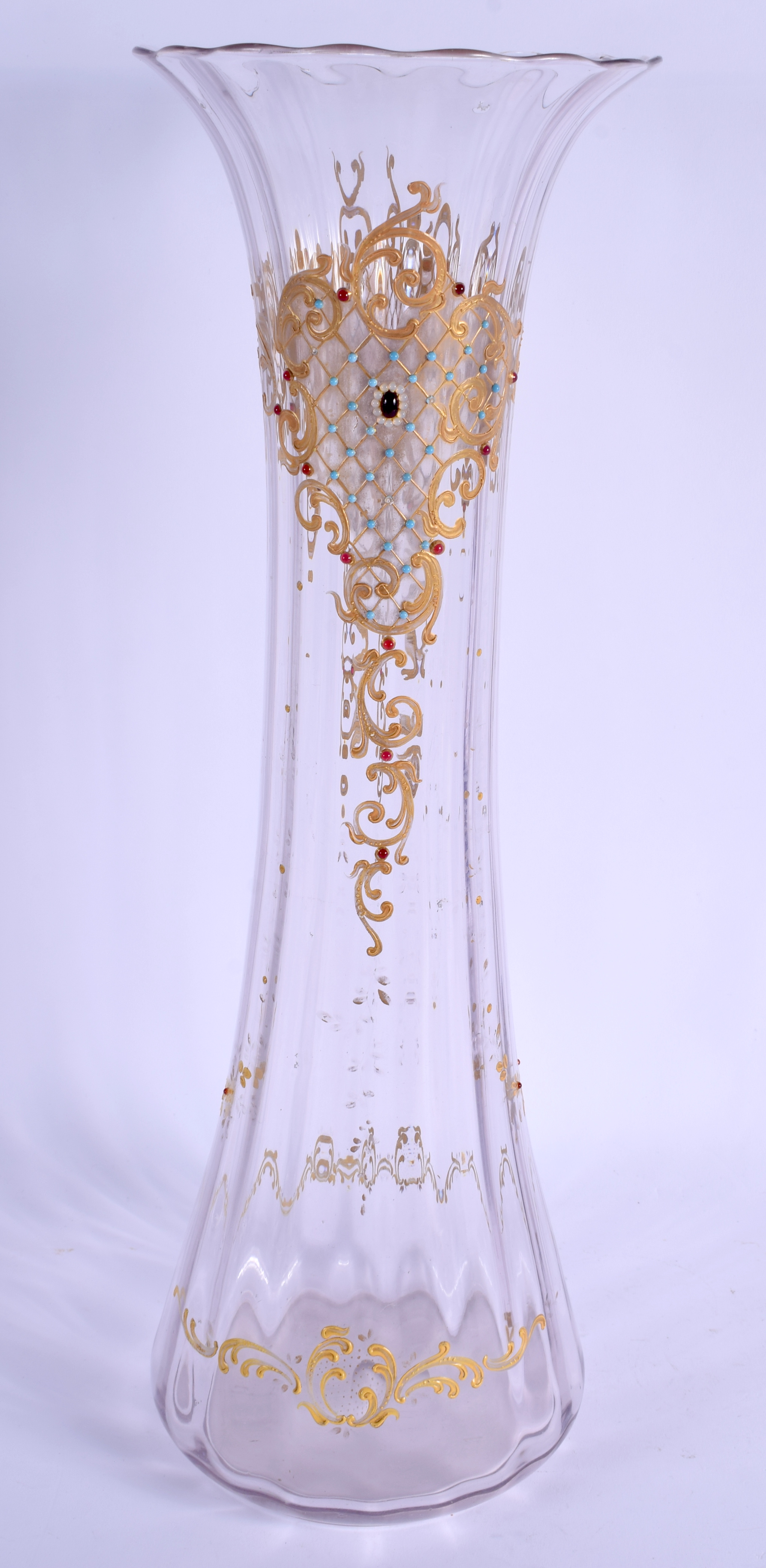 A LARGE ANTIQUE CONTINENTAL ENAMELLED GLASS VASE decorated with turquoise and gem stones. 49 cm high - Image 2 of 4