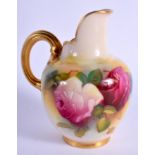 A ROYAL WORCESTER FLAT BACK JUG painted with roses in Hadley style by Millie Hunt, shape1094, 1937.