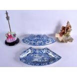 AN UNUSUAL 19TH CENTURY STAFFORDSHIRE BLUE AND WHITE DISH AND COVER printed with camels, together wi