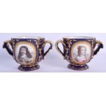 A 19TH CENTURY FRENCH SEVRES PORCELAIN TWIN HANDLED VASES painted with portraits and armorial shield