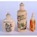 THREE EARLY 20TH CENTURY CHINESE PAINTED IVORY SNUFF BOTTLES Late Qing. Largest 7.5 cm high. (3)