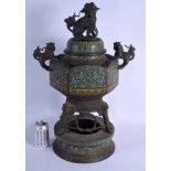 A 19TH CENTURY JAPANESE MEIJI PERIOD BRONZE CHAMPLEVE ENAMEL CENSER AND COVER decorated with flowers