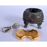 A CHINESE BRONZE CENSER together with a yellow metal plaque & a phurba. (3)