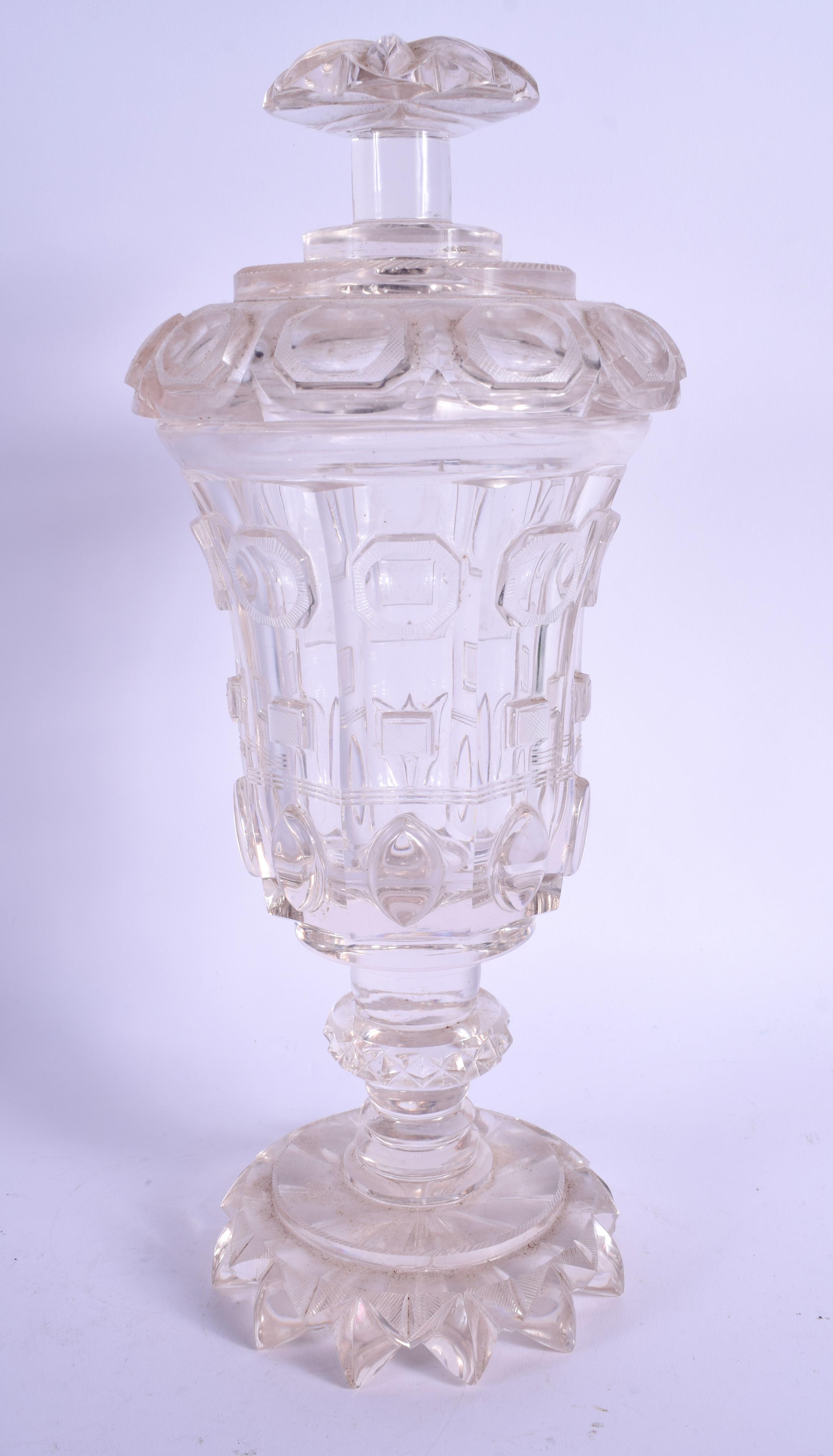 AN EARLY 19TH CENTURY BOHEMIAN CRYSTAL GLASS JAR AND COVER with well cut base. 31 cm high. - Image 2 of 3