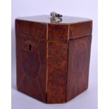 A GEORGE III BURR WALNUT SINGLE DIVISION TEA CADDY. 12 cm x 8 cm.