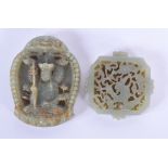 TWO EARLY 20TH CENTURY CHINESE CARVED JADE PLAQUES Late Qing. 5 cm diameter. (2)