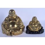 TWO EARLY 20TH CENTURY CHINESE POLISHED BRONZE BUDDHAS Qing. Largest 17 cm x 11 cm. (3)