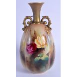 Royal Worcester two handled vase painted with two red roses and a yellow rose, Hadley ‘H’ mark and d