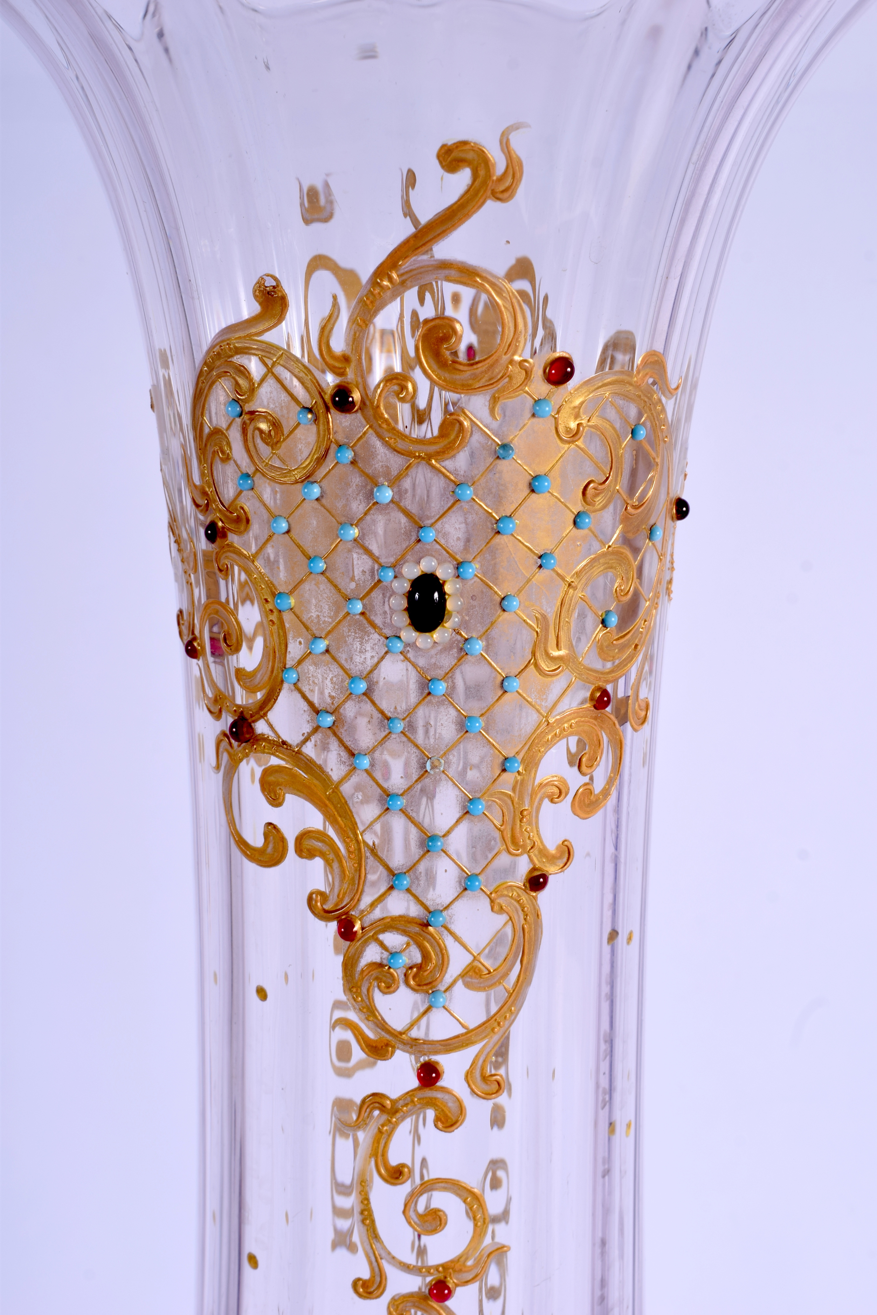 A LARGE ANTIQUE CONTINENTAL ENAMELLED GLASS VASE decorated with turquoise and gem stones. 49 cm high - Image 4 of 4