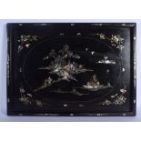 A LARGE 19TH CENTURY CHINESE HONGMU MOTHER OF PEARL INLAID TRAY Qing, decorated with foliage and lan