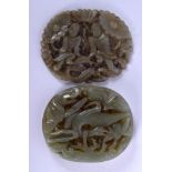 TWO EARLY 20TH CENTURY CHINESE CARVED JADE PLAQUES Late Qing. 5 cm diameter. (2)