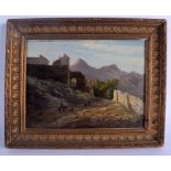 European School (19th Century) Figures on donkeys within a landscape, Oil on board. Image 24 cm x 27