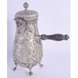 A 19TH CENTURY DUTCH SILVER EMBOSSED CHOCOLATE POT decorated with figures and foliage. 19 cm high. 3