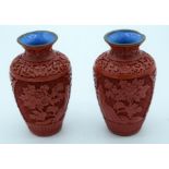 A small pair of early 20th century Chinese Cinnabar lacquer vases 13cm . (2)