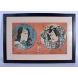 A 19TH CENTURY JAPANESE MEIJI PERIOD WOODBLOCK PRINT depicting opposing portraits. Image 34 cm x 20