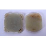 TWO EARLY 20TH CENTURY CHINESE CARVED JADE PLAQUES Late Qing. 5 cm diameter. (2)