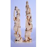 TWO 19TH CENTURY JAPANESE MEIJI PERIOD CARVED IVORY OKIMONO modelled holding aloft figures and fruit