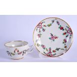 18th c. coffee cup and saucer painted with puce lyres and hanging garlands of flowers, gilt 1 mark t