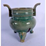 A 19TH CENTURY CHINESE TWIN HANDLED JUNYAO TYPE POTTERY CENSER Qing. 16 cm x 14 cm.