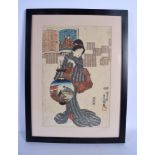 A 19TH CENTURY JAPANESE MEIJI PERIOD WOODBLOCK PRINT depicting a geisha. Image 33 cm x 22 cm.