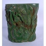 A LARGE CHINESE CARVED JADE BRUSH POT 20th Century, carved with scholars and landscapes. 16 cm x 13