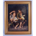 A LARGE 19TH CENTURY GERMAN KPM PORCELAIN PLAQUE painted with figures eating grapes within interiors
