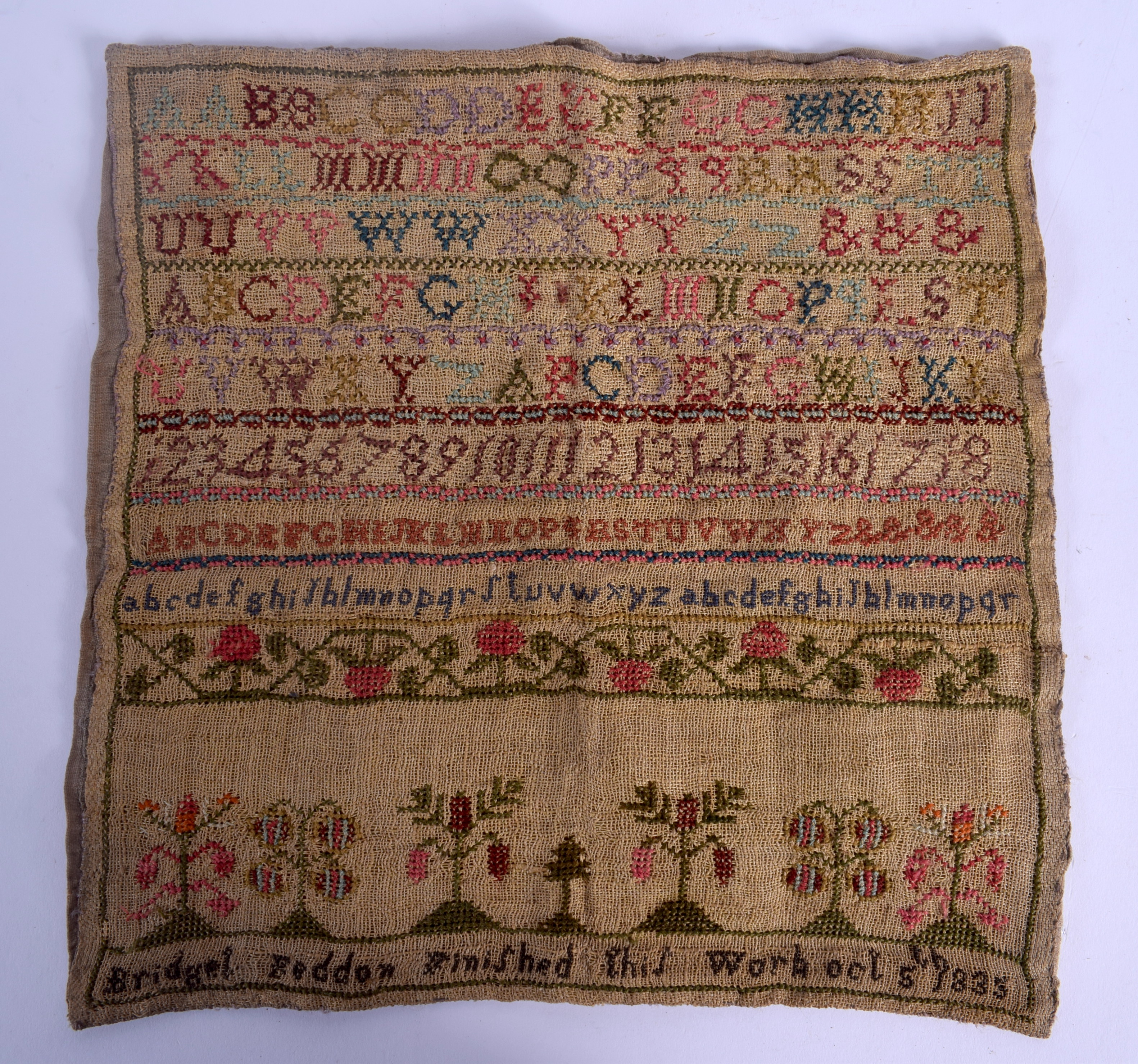 AN EARLY 19TH CENTURY ENGLISH EMBROIDERED SAMPLER. 28 cm square.