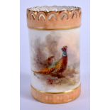 A ROYAL WORCESTER VASE with pierced neck painted with a brace of pheasants by Jas Stinton, signed, s