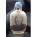 A Chinese glass snuff bottle with Calligraphy and a European figure 9cm.