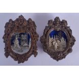 A RARE PAIR OF 18TH/19TH CENTURY CONTINENTAL CARVED WOOD DIORAMAS decorated with figures. 13 cm x 19