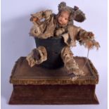 AN UNUSUAL ANTIQUE EUROPEAN PAPIER MACHE AND VELVET AUTOMATON TOY modelled as a girl within a basket