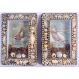 A RARE PAIR OF LATE VICTORIAN SHELL ENCRUSTED SAILORS MARITIME PLAQUES decorated with boats. 19 cm x