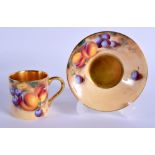 Royal Worcester coffee can and saucer painted with fruit by Roberts, signed, black mark. Saucer 10.5