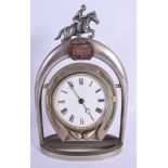 A RARE EDWARDIAN SILVERED BRONZE EQUESTRIAN HORSE RIDING CLOCK formed as a horse shoe. 27 cm x 14 cm