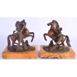 AN UNUSUAL PAIR OF 19TH CENTURY GRAND TOUR BRONZE MARLEY HORSES upon sienna marble bases. 13 cm x 15