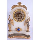 A LATE 19TH CENTURY FRENCH ALABASTER AND GILT METAL CLOCK formed with figural supports. 30 cm x 18 c