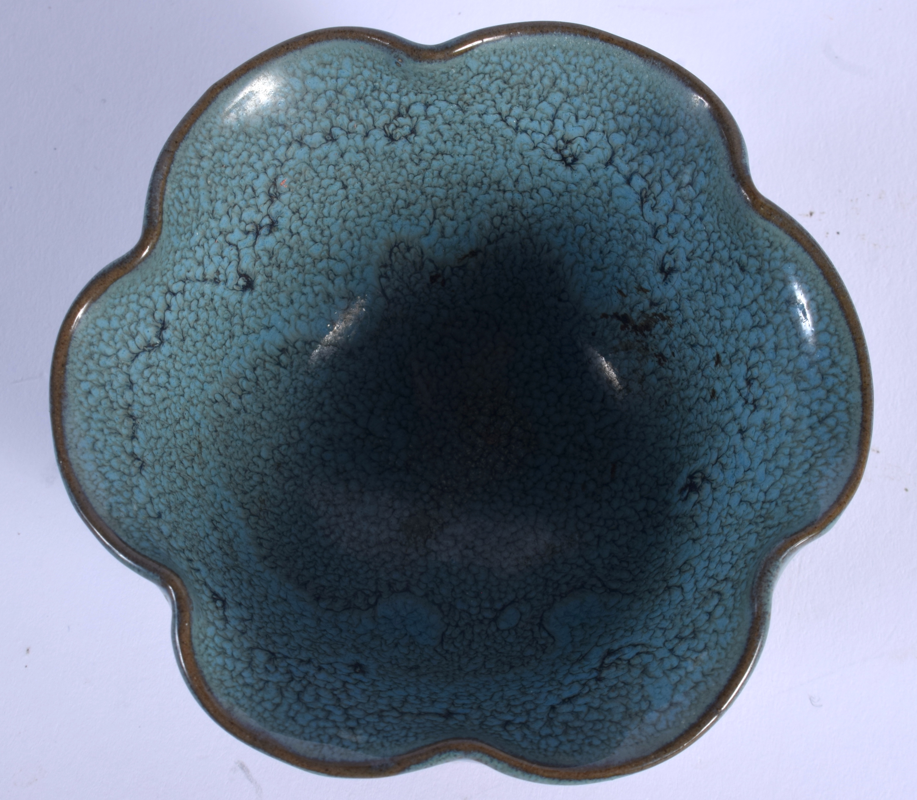 A 19TH CENTURY CHINESE ROBINS EGG GLAZED STONEWARE PETAL BOWL Late Qing. 8.5 cm wide. - Image 3 of 4