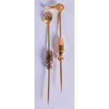 TWO ANTIQUE GOLD STICK PINS. 7 grams. 7 cm long. (2)