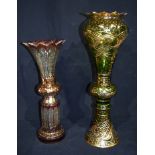 A Bohemian pink and gold fern pattern vase together with another green vase largest 56cm(2).